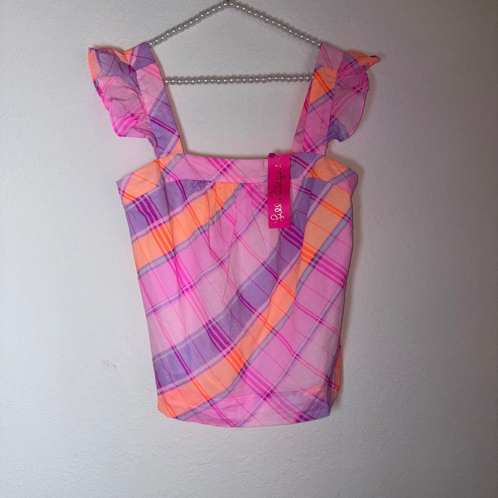 Lilly Pulitzer Reyna Top Small Pink Isle Madras Plaid new Ruffle Square Neck